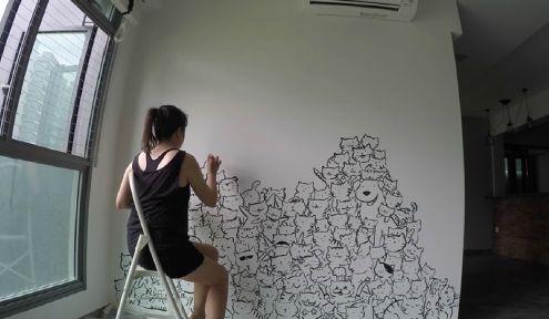 準新娘在婚房中花6小時畫出一面「貓牆」，仔細一看才發現哪裡不對勁？