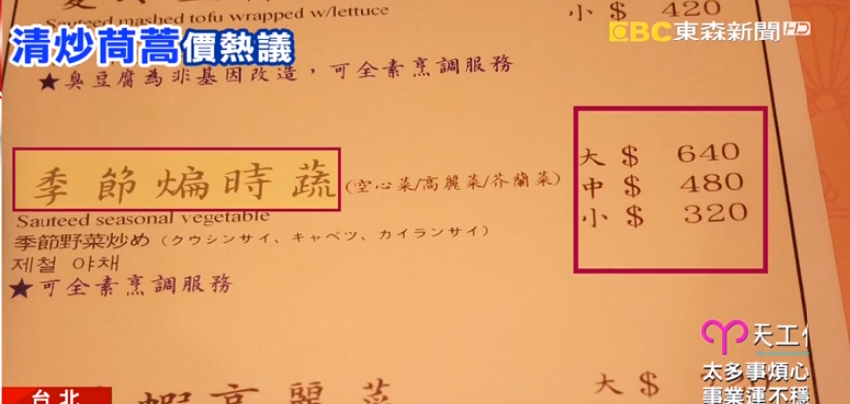 她到餐廳點了「一盤清炒茼蒿」竟要價640元，她氣得上網PO文討拍沒成功反而慘被打臉！