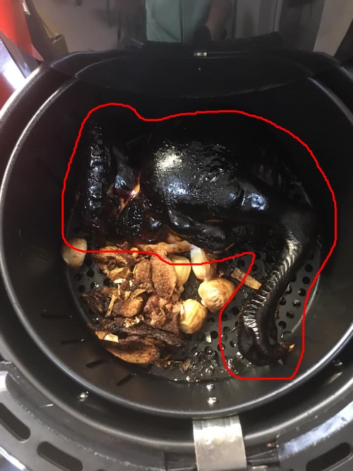 暗黑料理又來了！人妻「用氣炸鍋炸烤雞」叫老公幫忙端　他開蓋「只見薑蒜不見雞」傻眼：變烏骨雞了