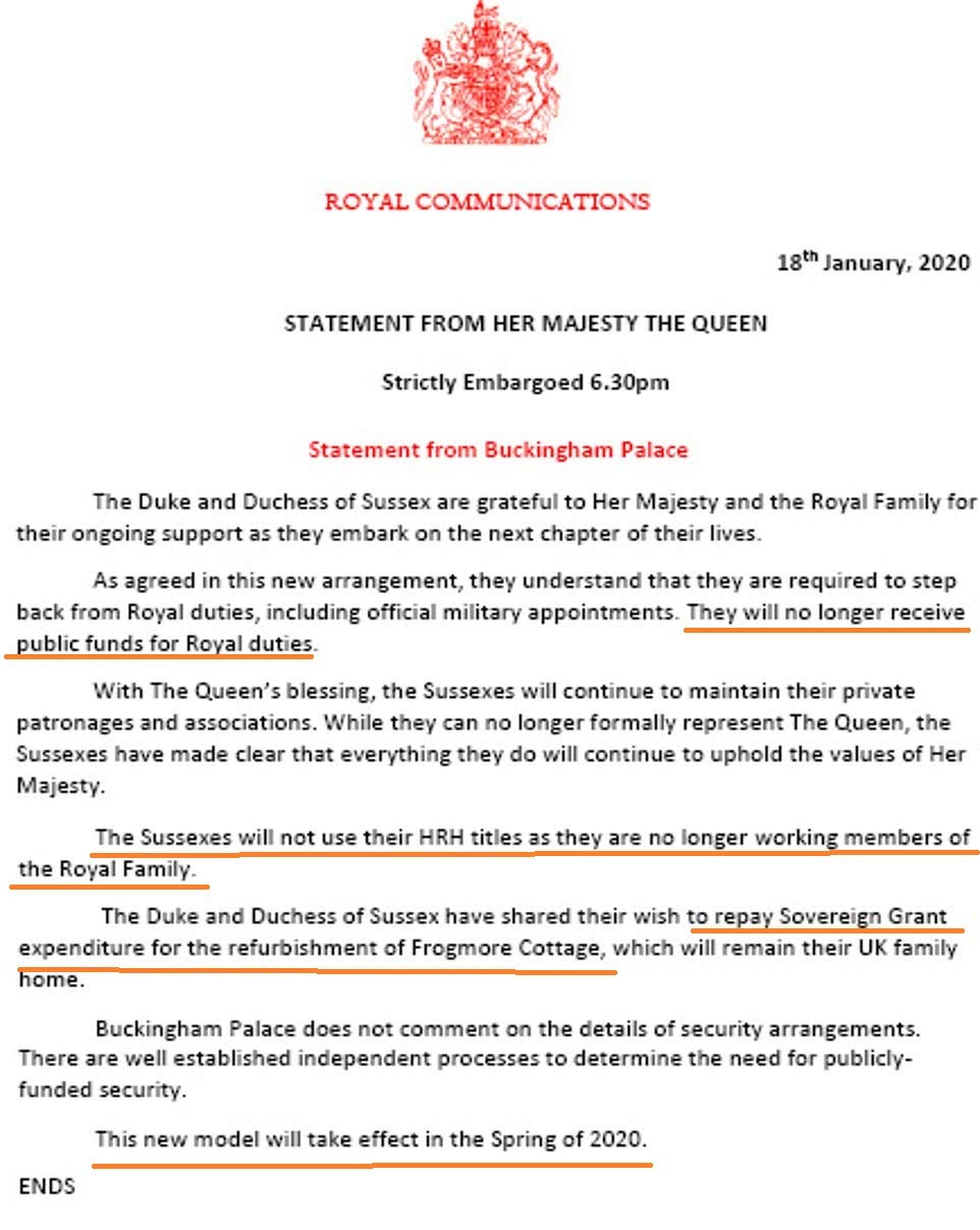 不再稱王子王妃！英女王最終聲明：哈里梅根被剝奪殿下頭銜，並歸還納稅人9350萬裝修費