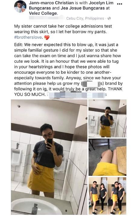 男子與妹妹「公廁裡互換下裝」！穿短裙開心自拍引爆網路　得知背後原因全網爆讚：世紀好哥哥