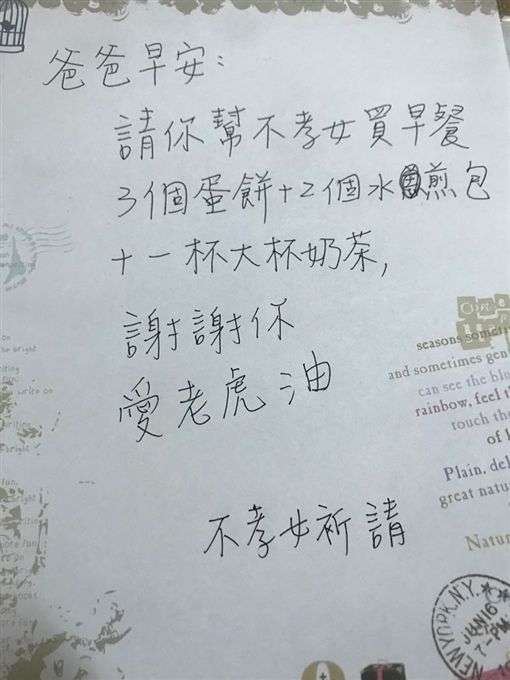 跟爸爸起口角！她隔天撒嬌留字條「請幫不孝女買早餐」　爸爸呆萌買完「發現誤會大了」父女倆笑翻和好