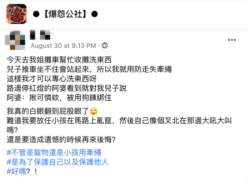 給兒子用防走失牽繩！阿婆路過見狀「被鍊住揪可憐欸」　媽媽曝「我也很無奈啊」：難道要放任小孩？