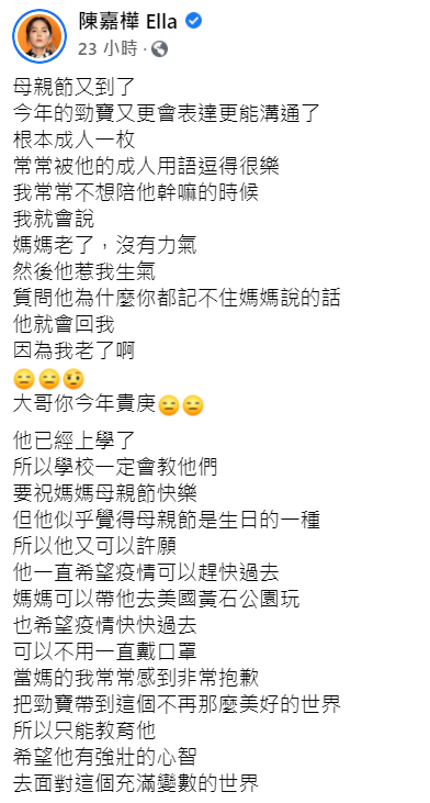 母親節突然道歉！Ella喊話兒子「抱歉把你帶來」：世界不再美好　4歲兒吐心願「還想跟媽媽出去玩」