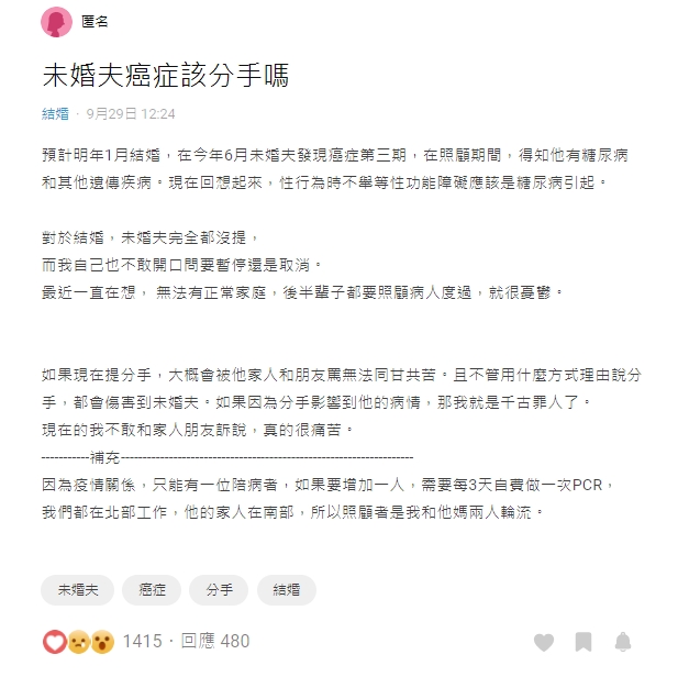 未婚夫得癌症！她煎熬問「我該提分手嗎」：不想下半輩子都在照顧病人　內疚「怕變成千古罪人」不敢開口