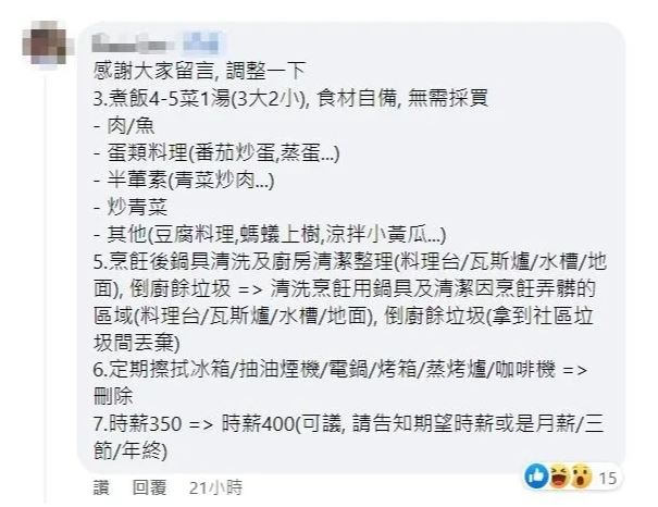 時薪400元！她徵煮飯阿姨「每天僅工作2小時」乍看是爽缺　「內容一公開」網酸爆：誰辦得到