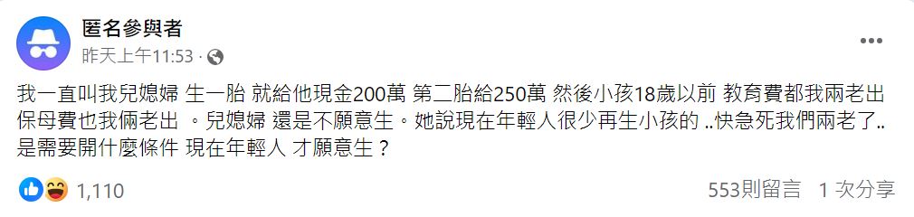 媳婦不想生！公婆大手筆「獎勵1胎200萬」教育費全包　遭拒不解「還要開什麼條件」