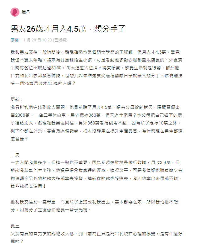 月入4萬5！26歲工程師「擁2千萬透天厝」女友卻想分手　怒批「看得到用不到」：有夠吝嗇