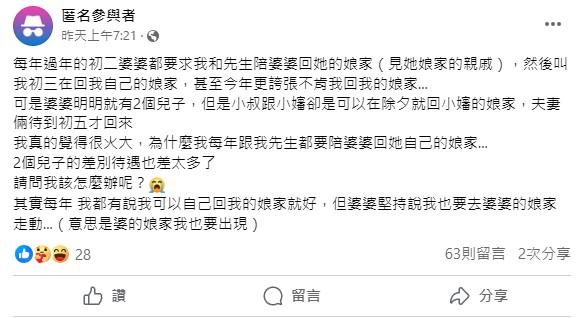 初二不准回娘家！媳婦被逼「去婆婆娘家」委屈：今年更過分　網卻不挺：「妳的問題」