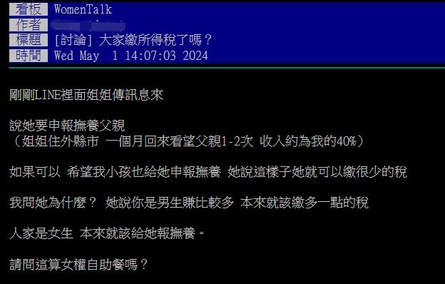 親姊想節稅「搶申報扶養爸」喊：人家是女生！高薪弟氣炸「叫我小孩也給她報」網全搖頭