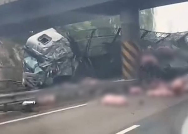 撞高速公路護欄！大貨車翻覆「車上全甩飛」橫躺路面　目擊者曝「僅個位數活著」慘況曝光
