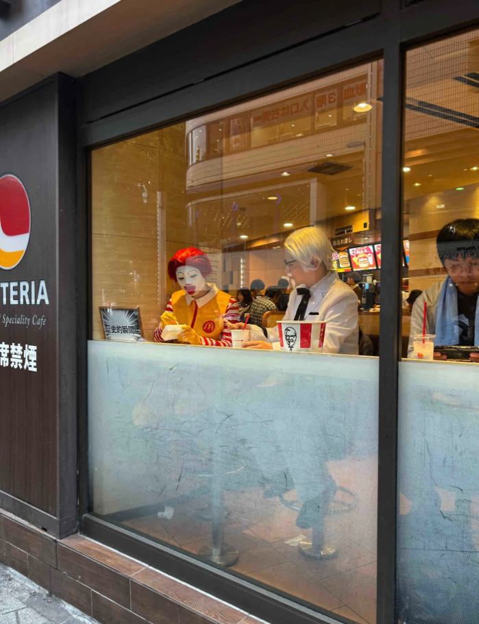 世紀合體!萬聖節街上「麥當勞叔叔+肯德基爺爺」同框現身 手上小牌子「讓路人都笑翻」