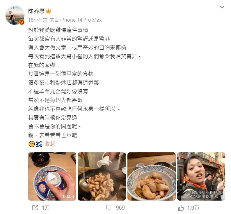 不畏小粉紅！陳喬恩「護航台灣一特色」遭大陸網友譏諷　霸氣「正面槓上酸民」：親，出去看看世界