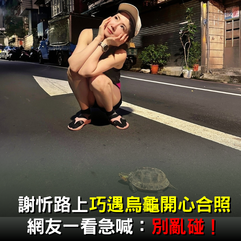 謝忻路上「巧遇烏龜」開心合照！網友一看急喊：別亂碰！
