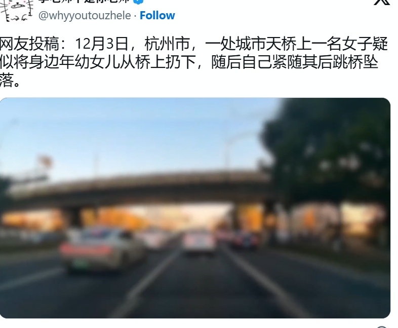 媽媽突然下車！衝到天橋「把女兒往下拋」　下一秒「自己也跳下去」原因曝光