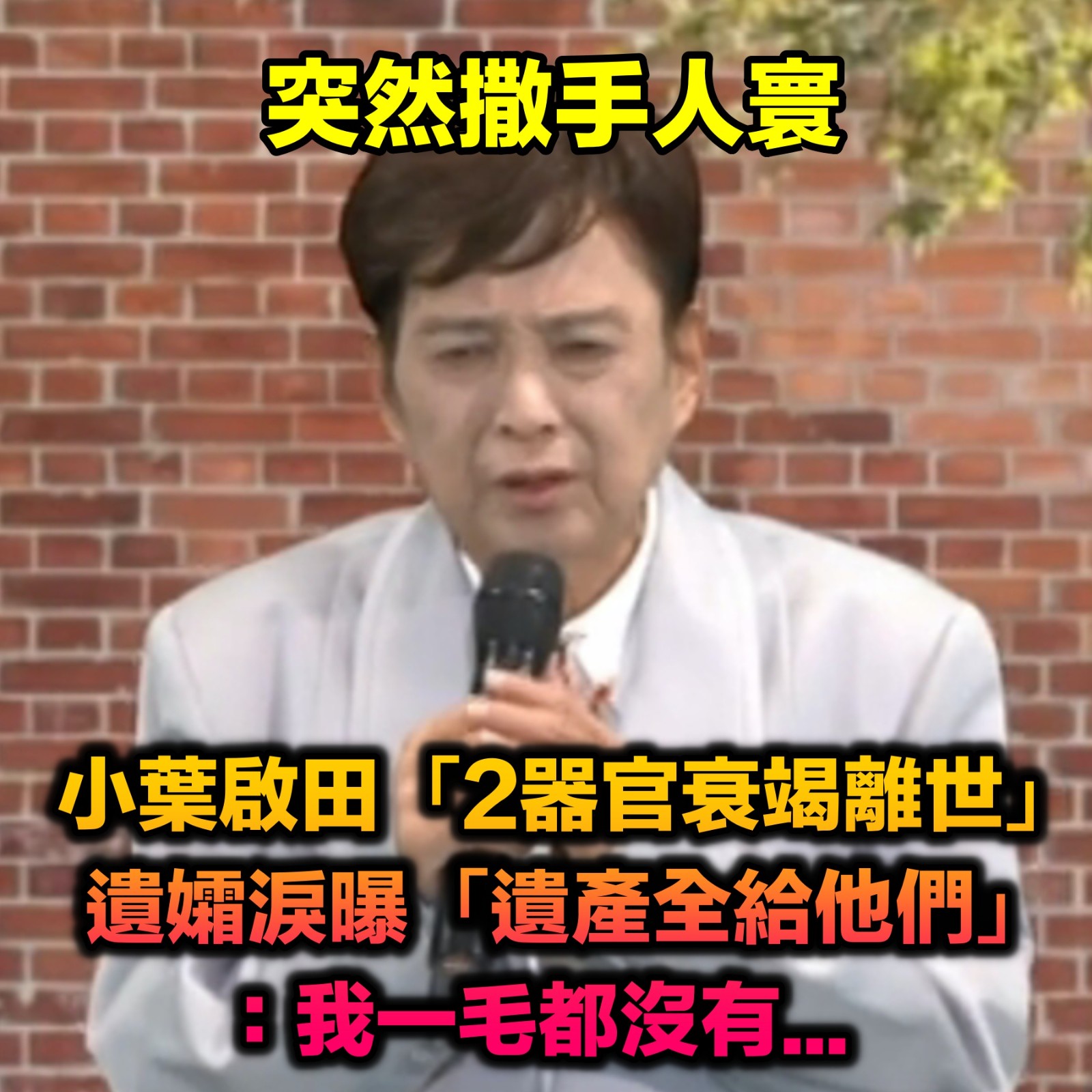 知名歌星「2器官衰竭」不幸撒手　遺孀證實「遺產分配給他們」：自己分文未取