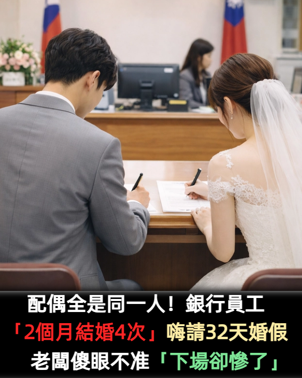 配偶全是同一人！銀行員工「2個月結婚4次」海請32天婚假　老闆不準「被勞工局開罰」愣：誰比較離譜