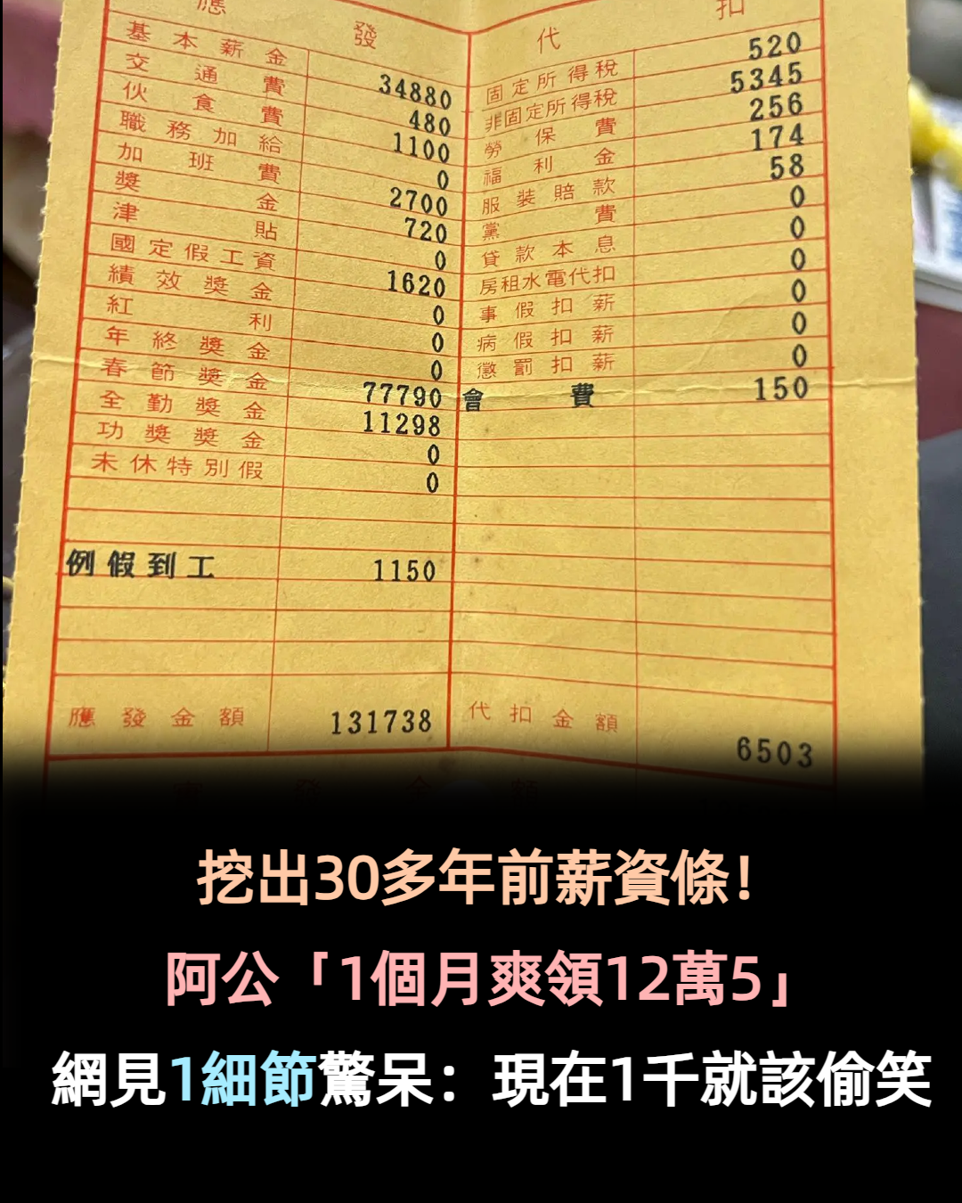 挖出阿公30多年前薪資條！過年爽領12萬5「光獎金就近9萬」　網見「全勤獎金數字」羨慕哭：現在1千就該偷笑