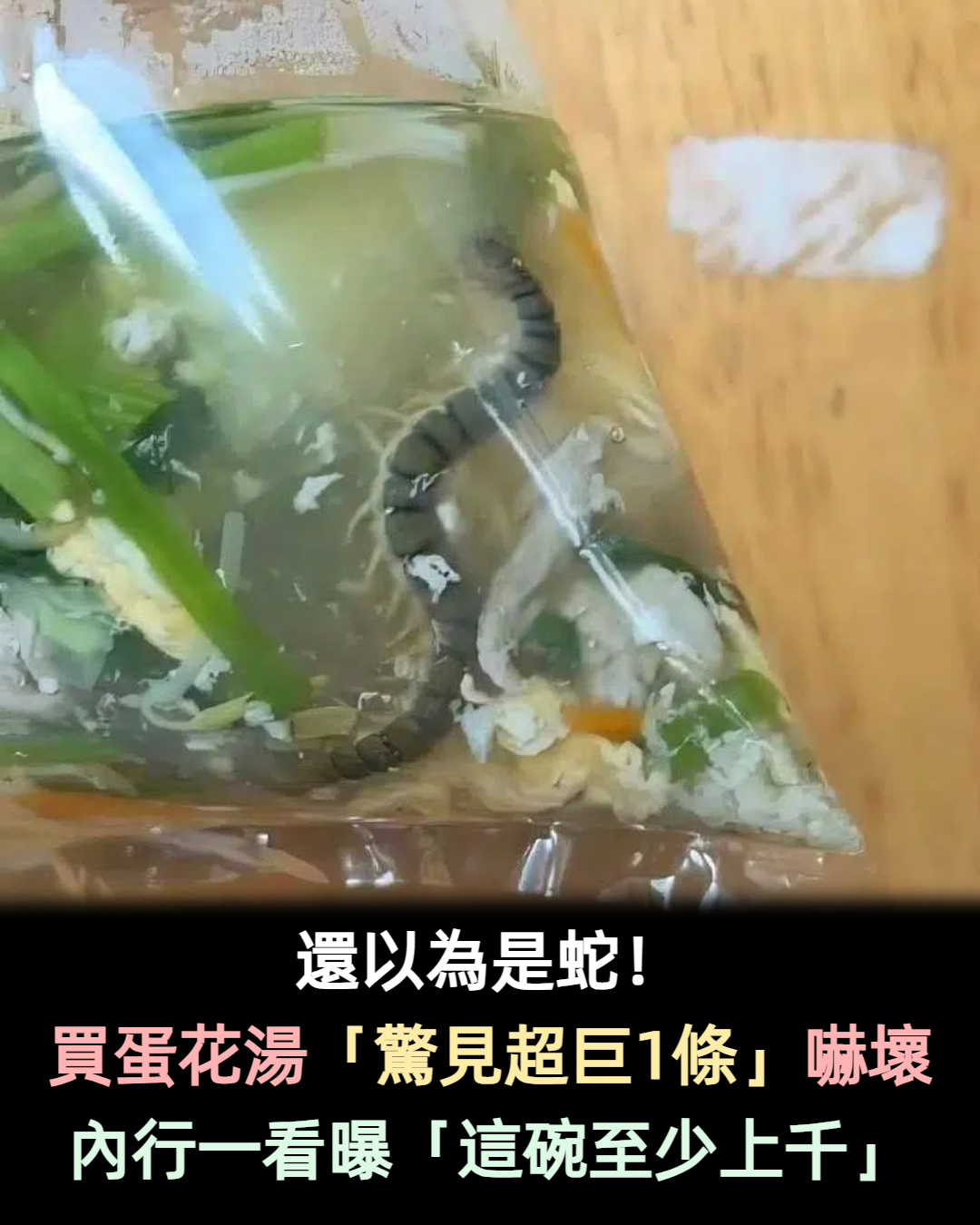 以為是蛇！他外帶蛋花湯「驚見超巨1條」煮熟飄湯裡　內行網友笑：「這碗至少上千元」